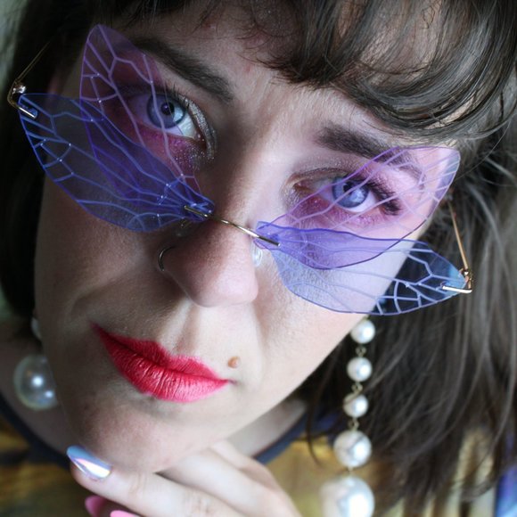 Y2K BLUE & PURPLE RIMLESS BUTTERFLY WING GLASSES - Picture 2 of 6